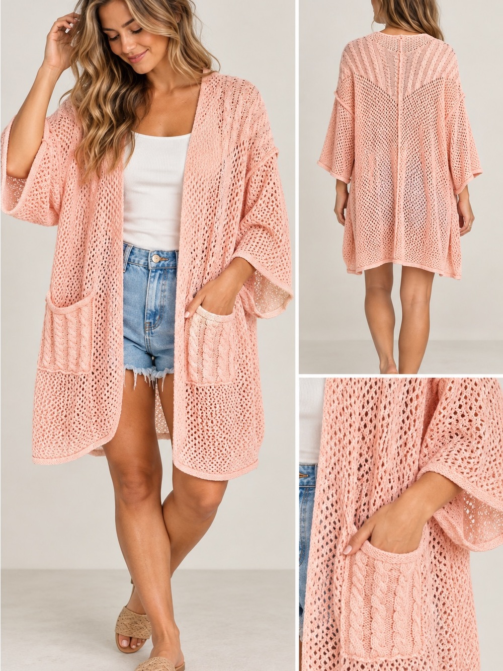 POL Pink Peach Open Knit Crochet Cardigan Kimono Sweater Pockets Oversized Small